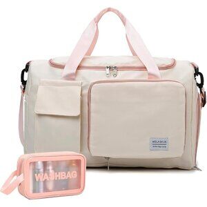 Women White Pink Small Gym Carry On Weekender Travel Duffle Shoe Compartment Bag